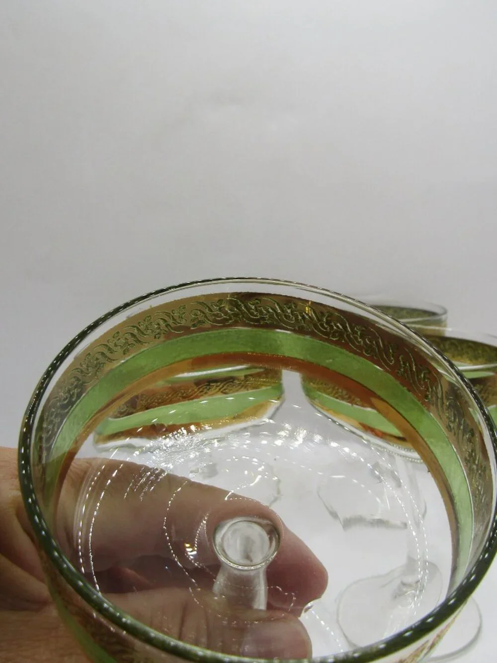 Set of Five Starlyte Green & Gold Scroll Coupe Glasses
